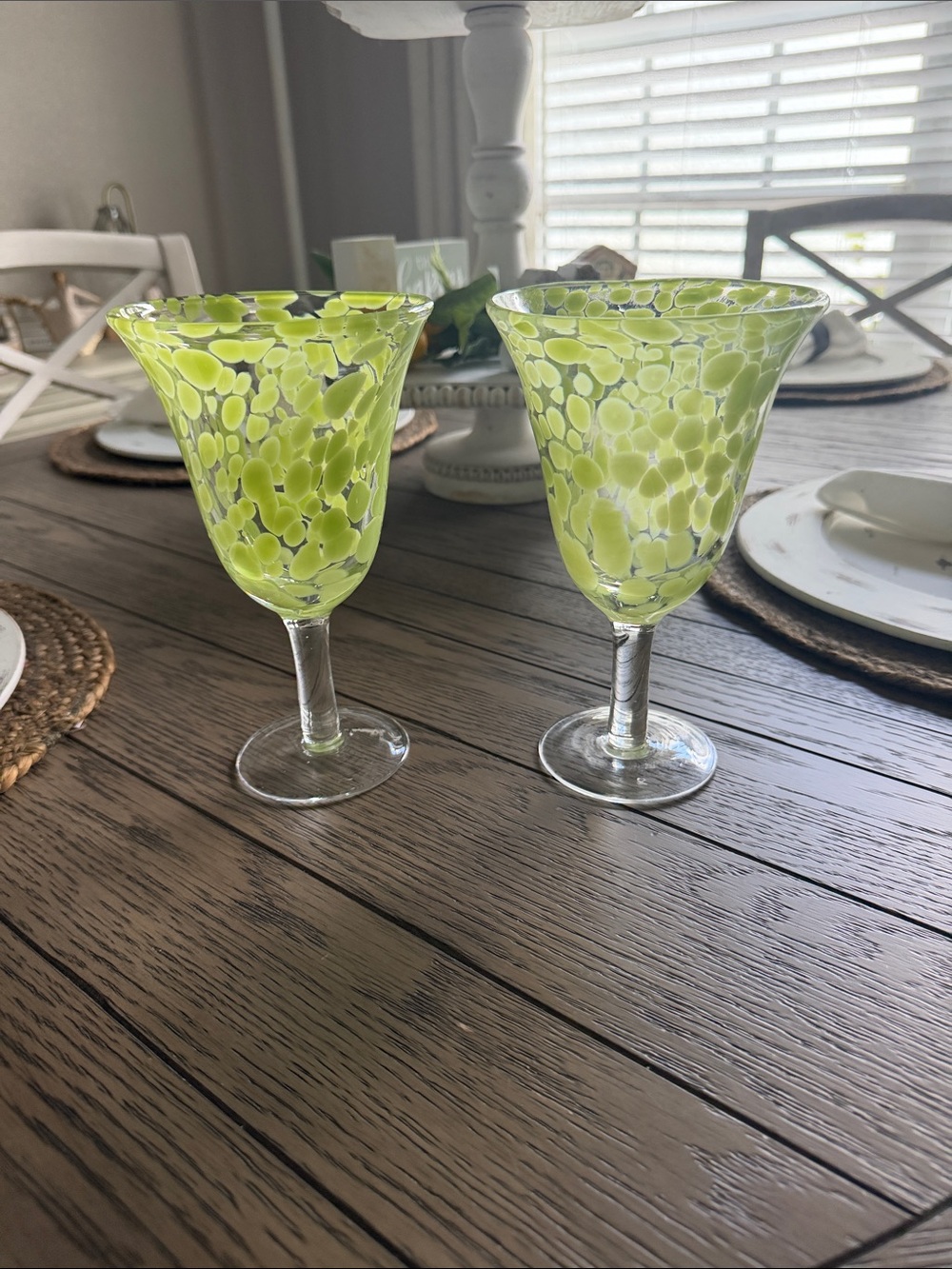 Hand-Blown Lime Green Speckled Wine Glasses - Set of 2